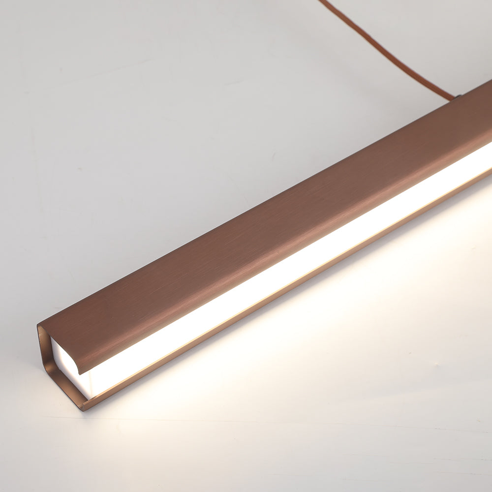 Brown linear pendant: modern dimmable lighting for stylish living room decor.