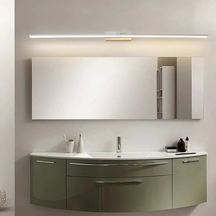White modern linear LED lamp for bathroom vanity, offering sleek LED lighting.