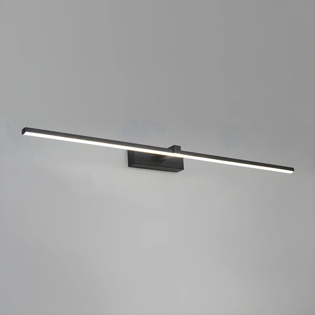 Sleek black linear LED wall lamp for modern bedroom or contemporary bathroom decor.