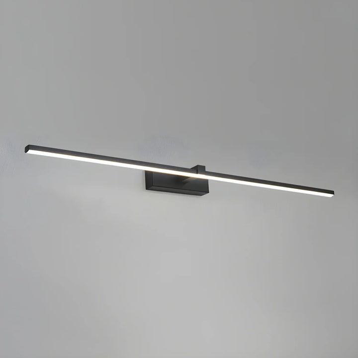 Sleek black linear LED wall lamp for modern bedroom or contemporary bathroom decor.