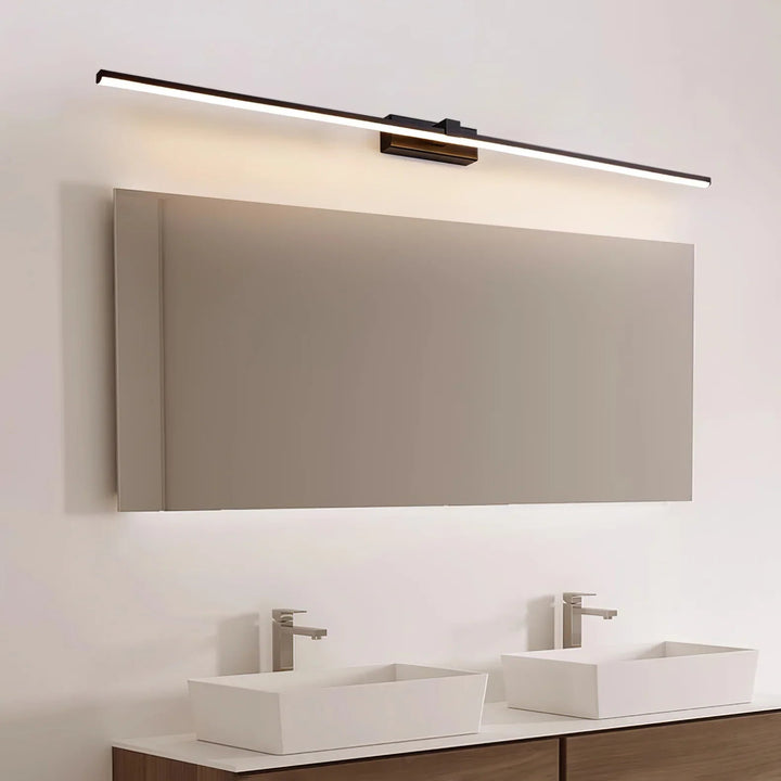 White linear LED bathroom light with sleek design, hardwired for vanity.