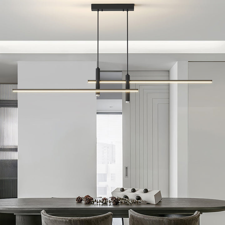 Linear LED pendant light, sleek design for kitchen islands & dining areas.