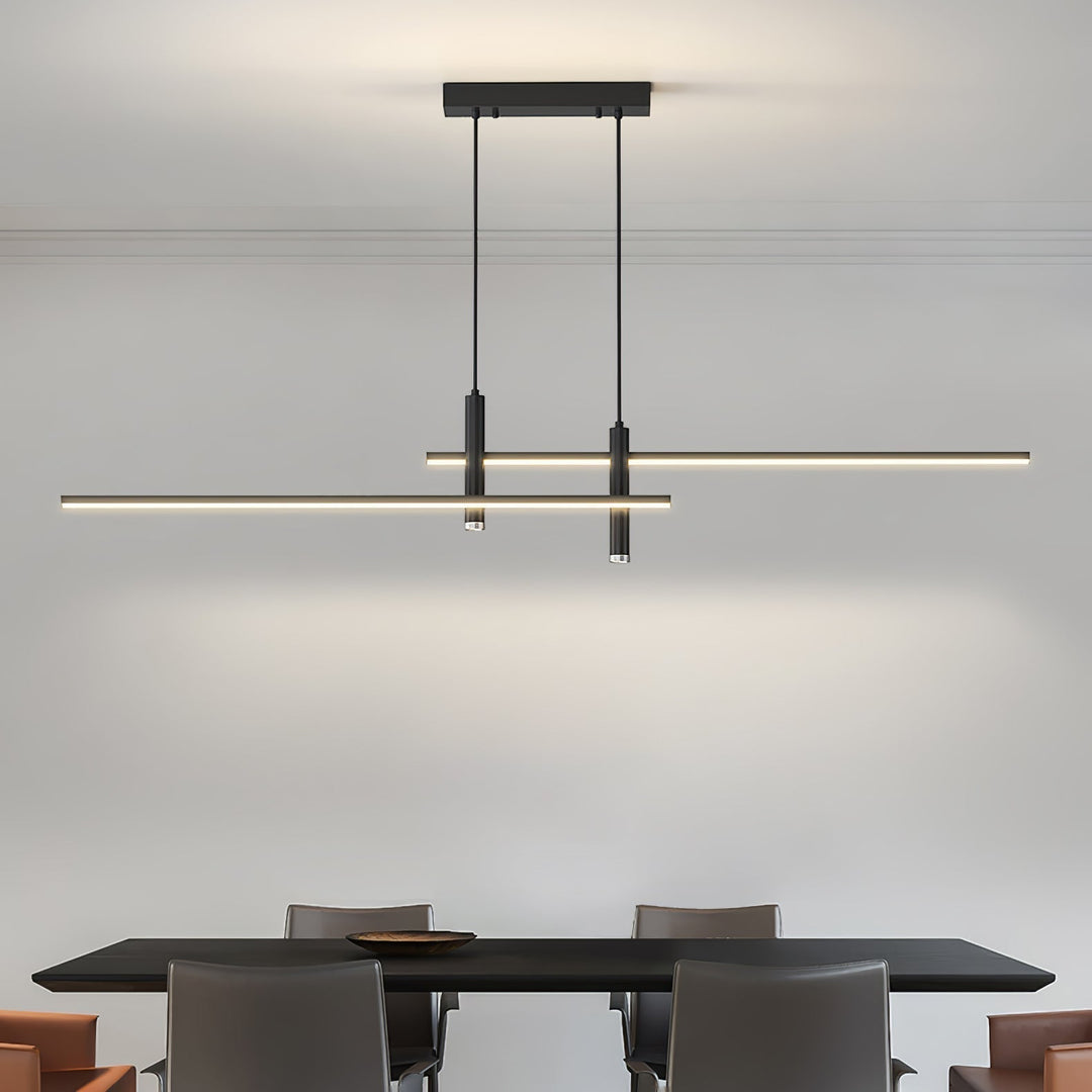 Dimmable modern linear pendant, perfect LED fixture for dining room lighting.