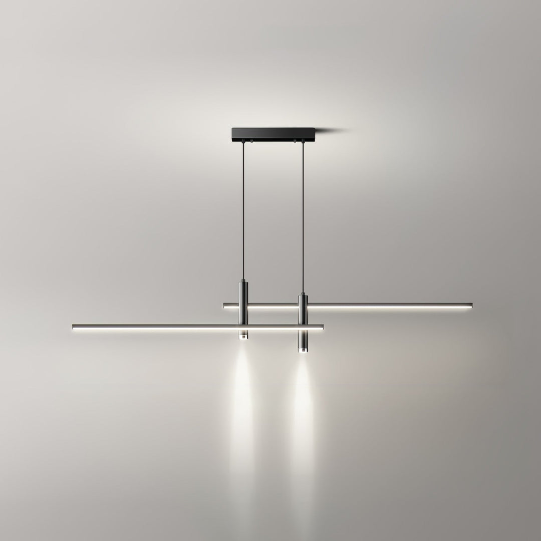 Long modern linear pendant light, ideal LED fixture for dining room tables.
