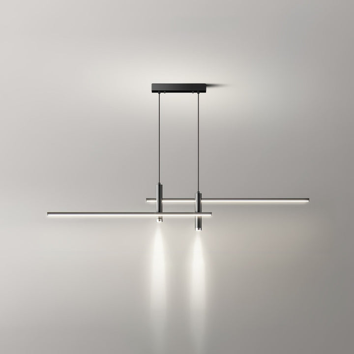 Long modern linear pendant light, ideal LED fixture for dining room tables.