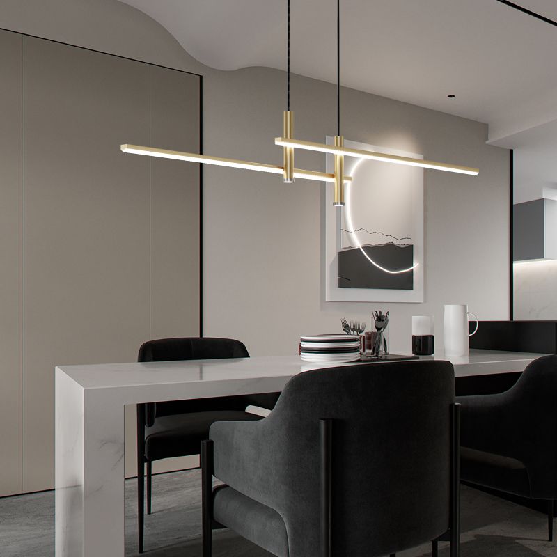 Contemporary linear pendant light, perfect LED fixture for dining room decor.