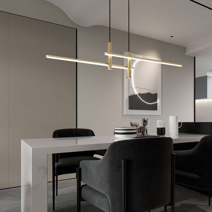 Contemporary linear pendant light, perfect LED fixture for dining room decor.