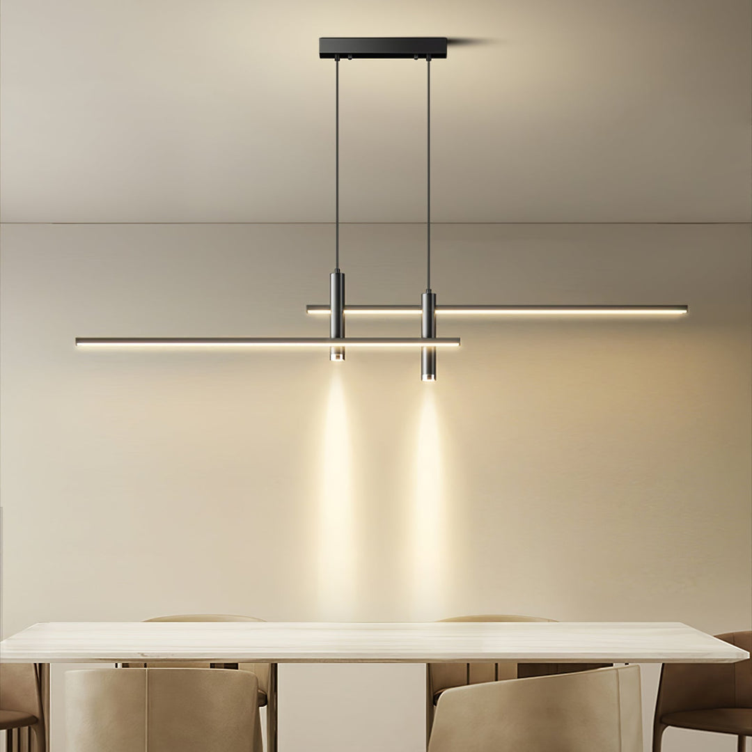 Adjustable modern linear pendant light, contemporary dining room ceiling fixture.