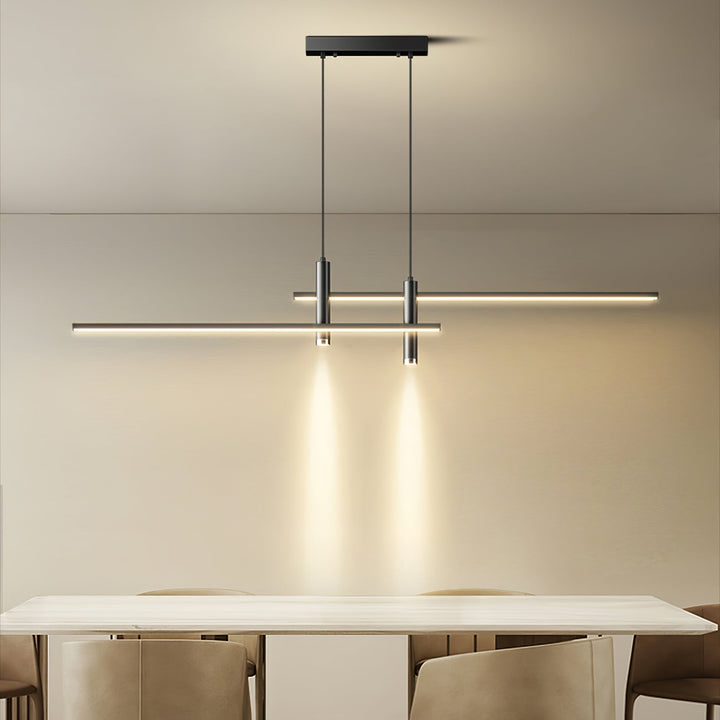 Adjustable modern linear pendant light, contemporary dining room ceiling fixture.