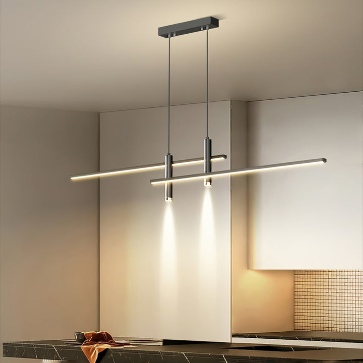 Long linear pendant light, modern LED fixture for contemporary kitchen design.