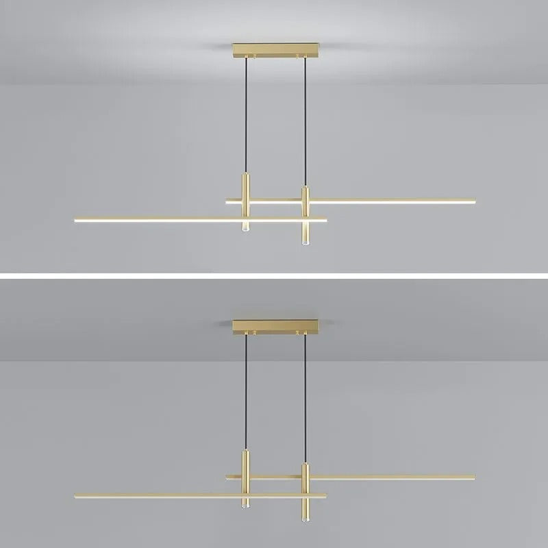 Dimmable contemporary linear pendant light, creates ambiance in dining areas.