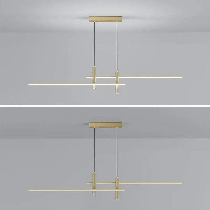 Dimmable contemporary linear pendant light, creates ambiance in dining areas.