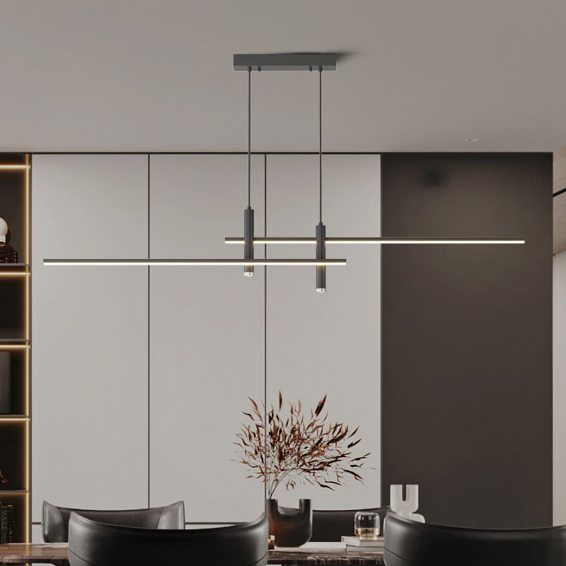 Minimalist modern linear pendant light, bright LED kitchen island fixture.