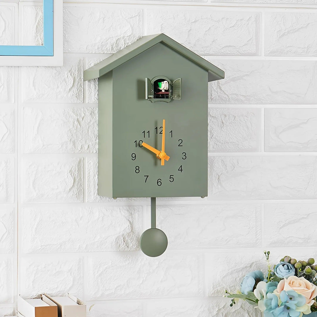 Modern minimalist cuckoo wall clock in white. Contemporary home decor, silent, perfect for living room or office.