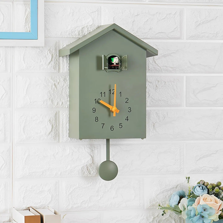Modern minimalist cuckoo wall clock in white. Contemporary home decor, silent, perfect for living room or office.
