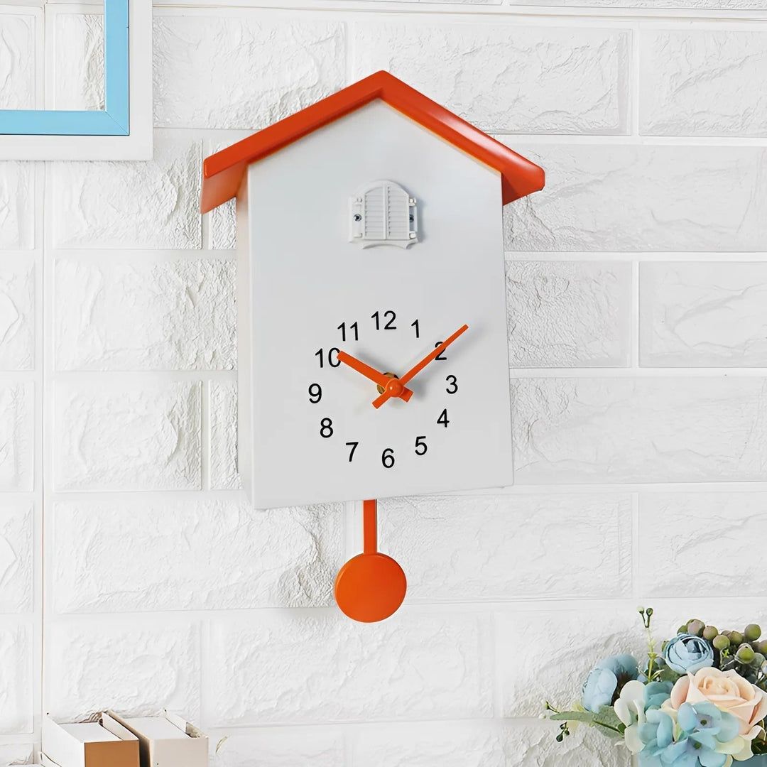 Unique minimalist cuckoo wall clock; a modern, contemporary design. Stylish silent home decor for living rooms or offices.