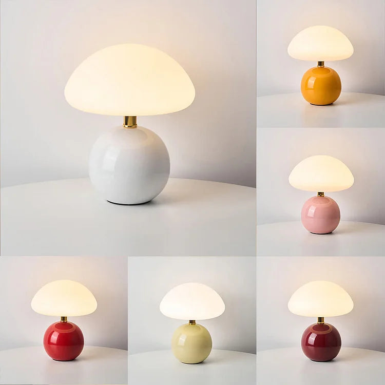 Modern LED mushroom lamp, adjustable colors, blends functionality with artistic style for home lighting.