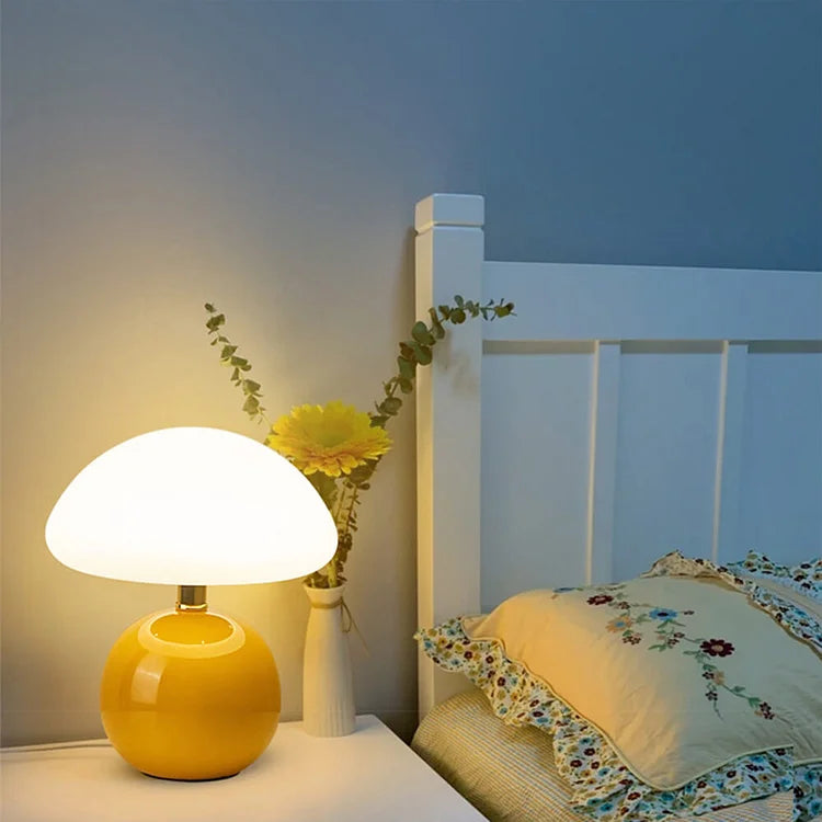 Dimmable LED mushroom lamp with touch control, adjustable colors for ambiance & modern home lighting.