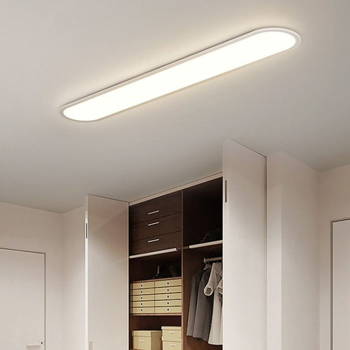 Modern LED oval flush mount ceiling light, contemporary home illumination, space-saving.