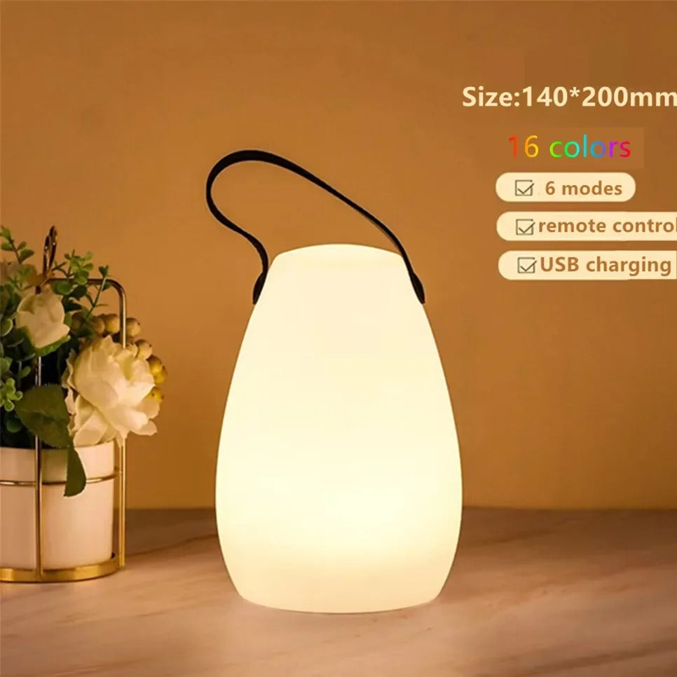 Outdoor/indoor portable lamp, waterproof, cordless, and remote-controlled for ultimate convenience.