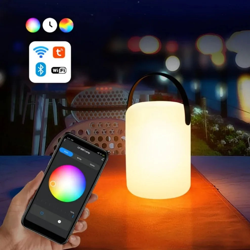 Elegant modern cordless lamp with remote control, ideal for creating outdoor ambiance.