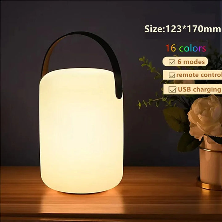 Waterproof portable LED lamp with remote, designed for easy placement in garden or patio.