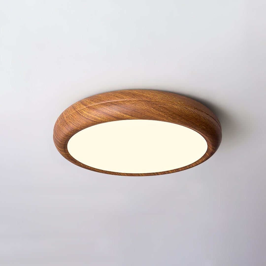 Flush mount LED round light, wood grain accent, warm and cold light options.