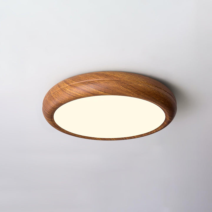 Flush mount LED round light, wood grain accent, warm and cold light options.