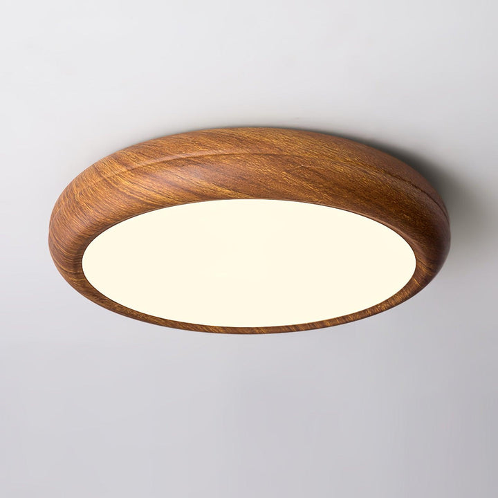 Modern home decor LED ceiling fixture, round, flush mount, wood grain finish.