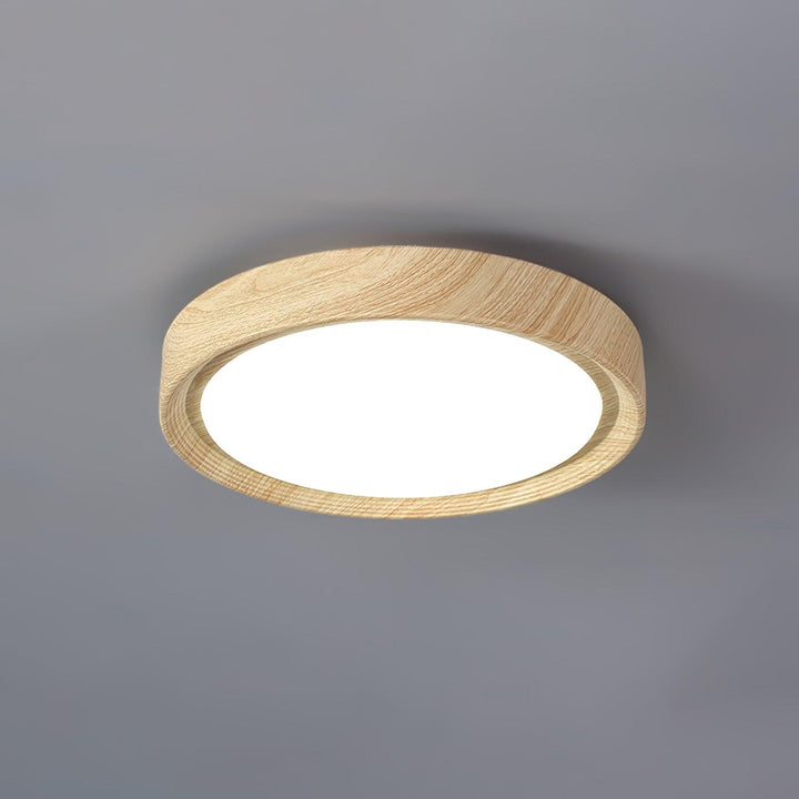 Modern interior lighting: round LED ceiling fixture, flush mount, wood grain.