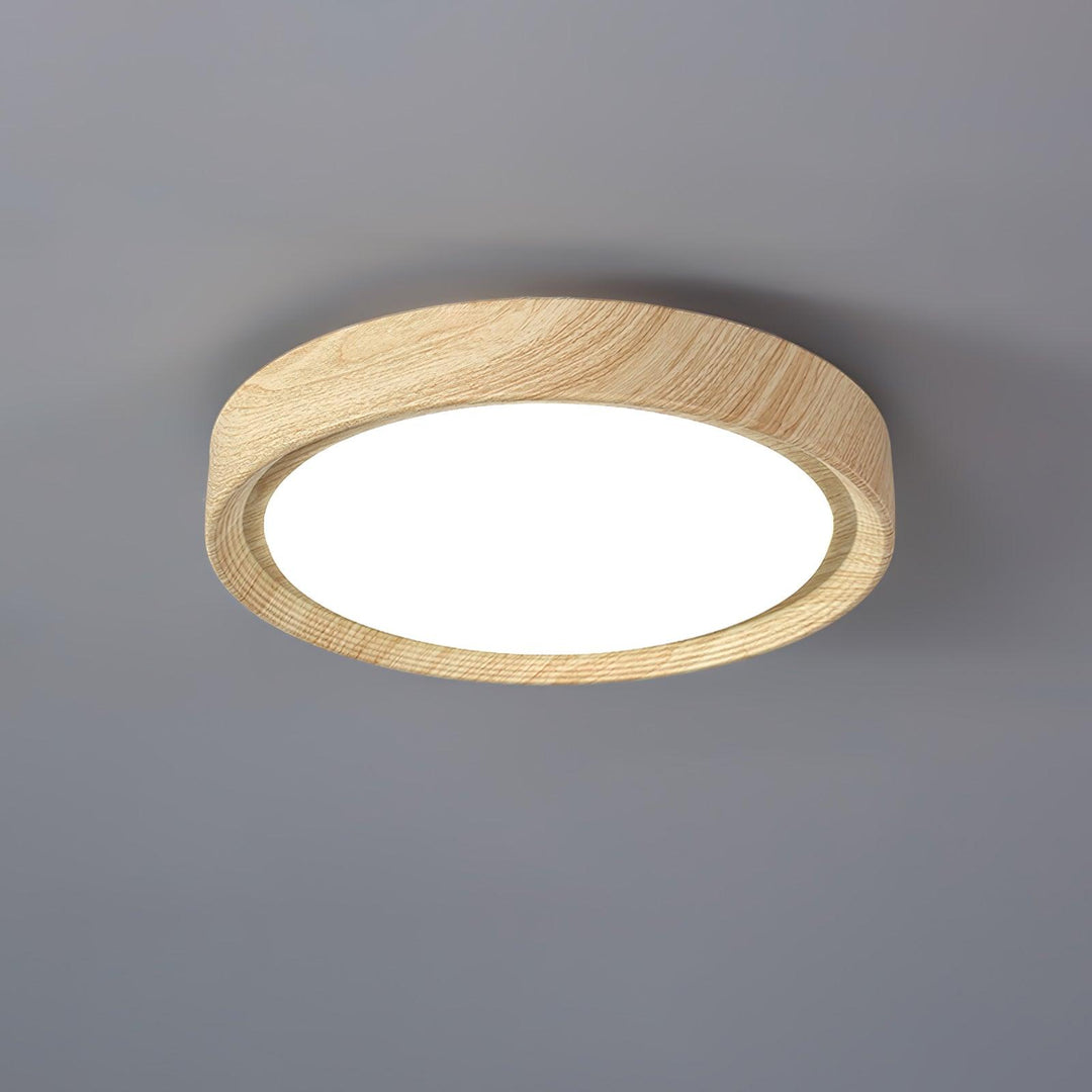 Modern round LED ceiling light, flush mount, energy-efficient, with wood grain.