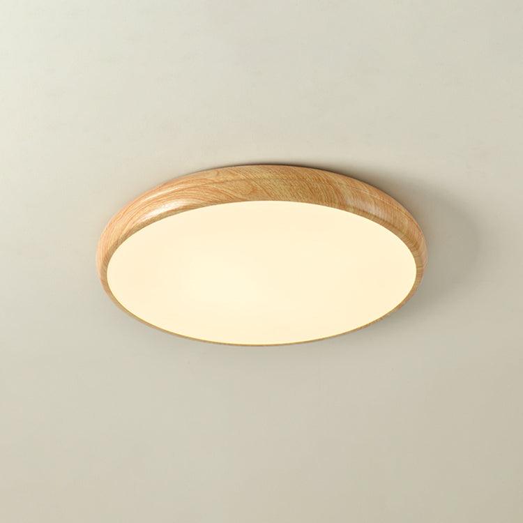 Wood grain modern LED round ceiling light, dimmable, flush mount for bedrooms.