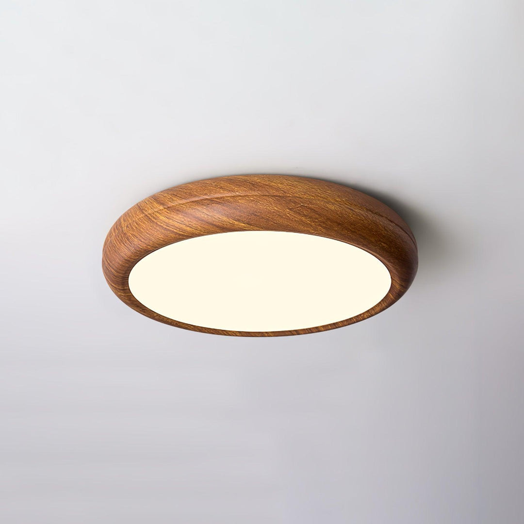 Modern flush mount LED ceiling fixture, round, with adjustable warm to cold light.