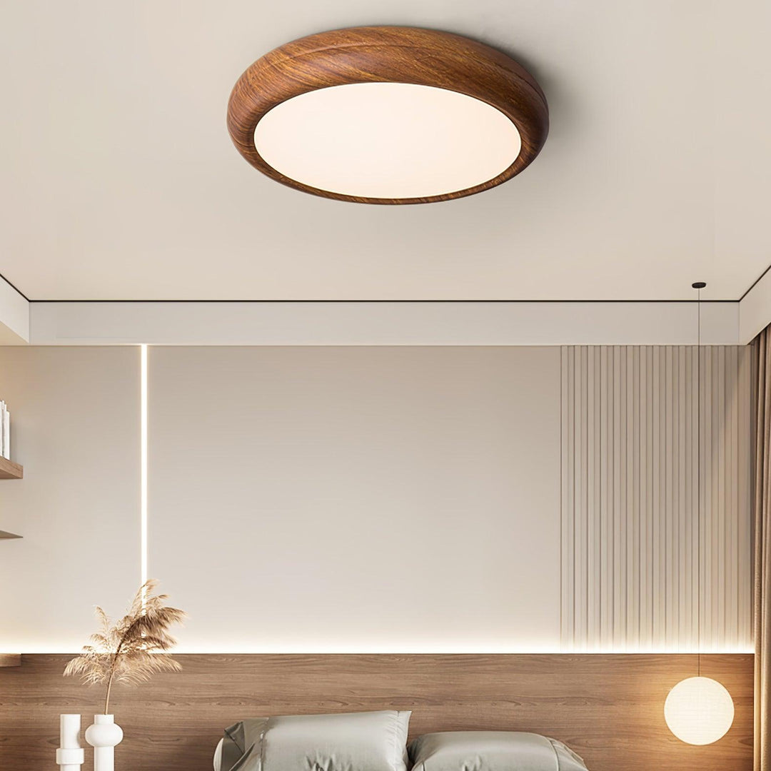 Contemporary wood grain round LED flush mount, perfect for modern home decor.