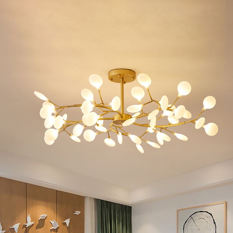Designer gold branch chandelier, LED lighting, modern home decor statement piece for living rooms.