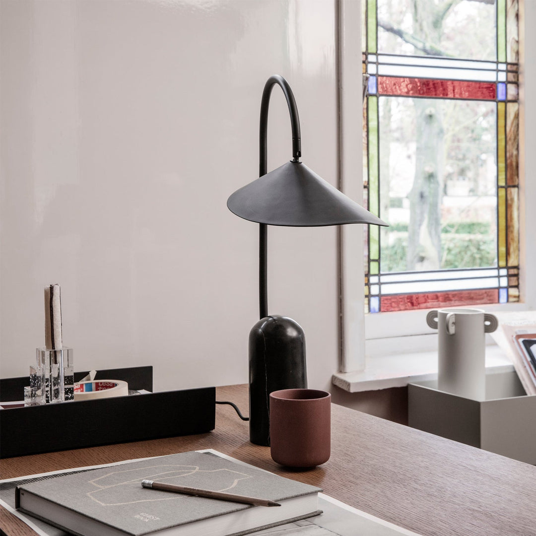 Japandi style desk lamp, beige, with a graceful arch and a polished marble base.