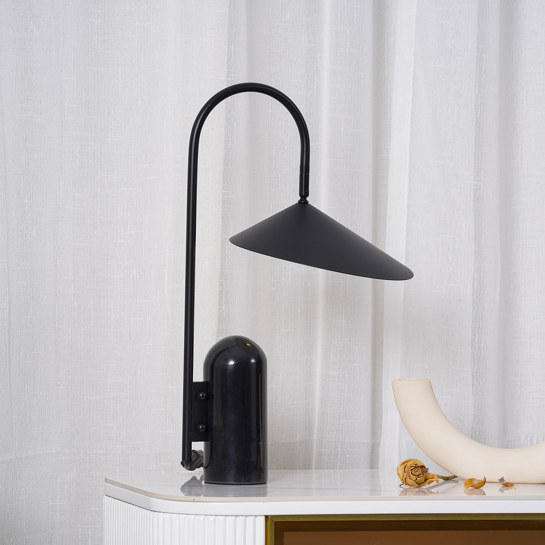 Modern living room lighting, beige, minimalist arched lamp with a marble base.