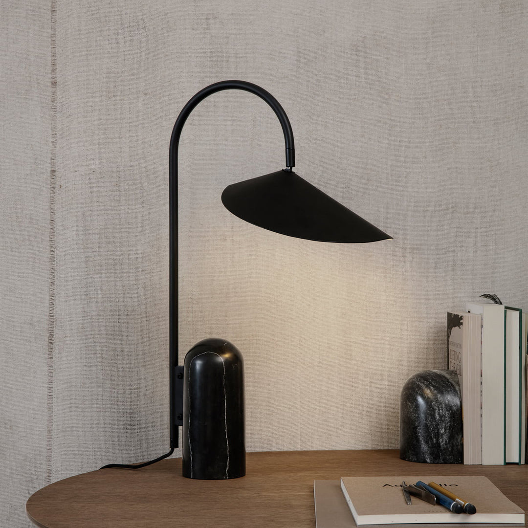 Desk lamp, black, modern arched design & premium marble base for a stylish workspace.