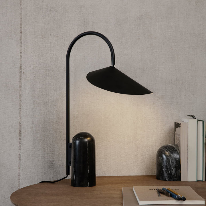 Desk lamp, black, modern arched design & premium marble base for a stylish workspace.