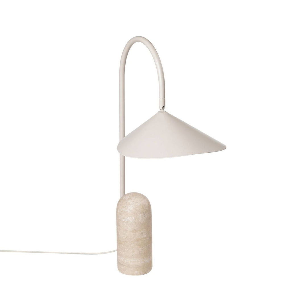 Accent light, black, modern, arched table lamp with a unique marble base.