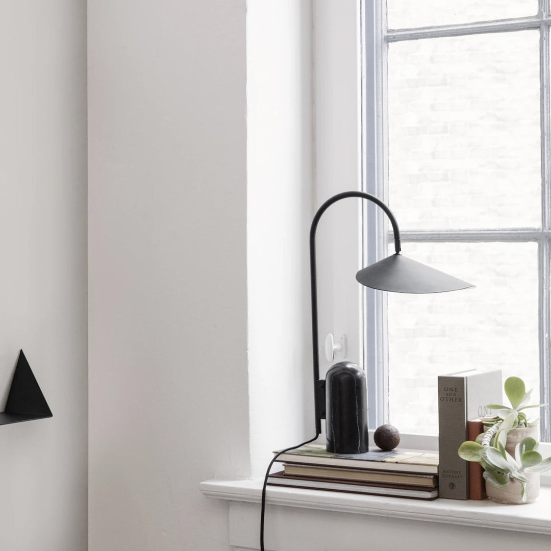 Japandi bedside lamp, beige, sculptural form with an elegant marble base & soft light.