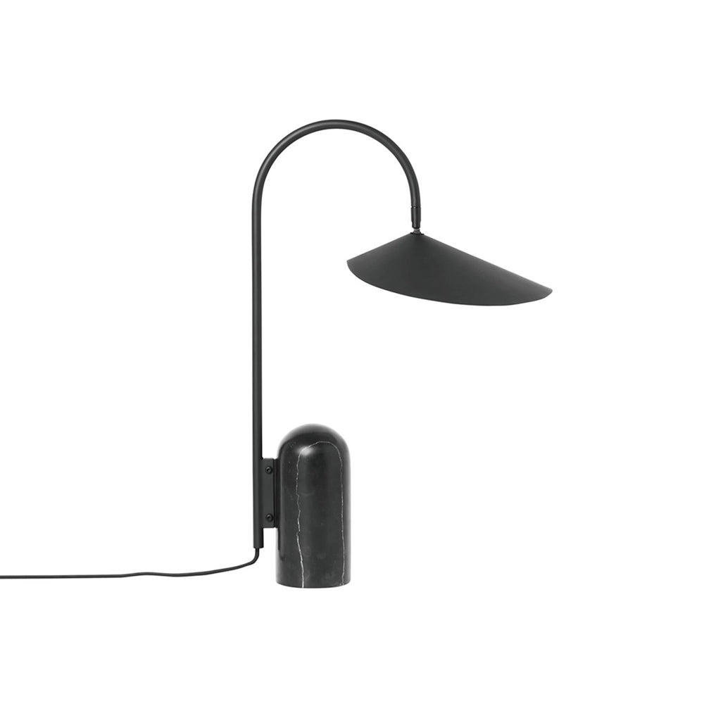 Minimalist beige lamp, sculptural, arched, for desks, featuring a solid marble base.