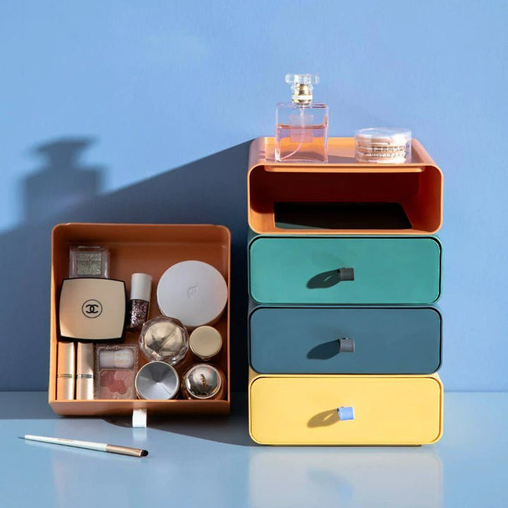 Modern stackable storage box with clear drawer for home organization. Perfect for office, bedroom, or bathroom storage.