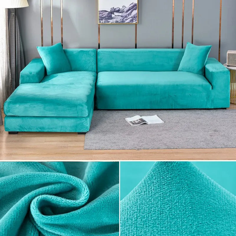 Blue stretch sofa slipcover, stain resistant & pet friendly, ideal for family living.