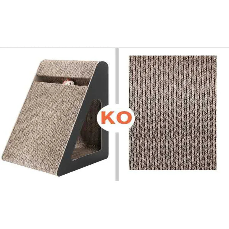 Tilted cat scratching board for active play, protecting your furniture from feline claws.