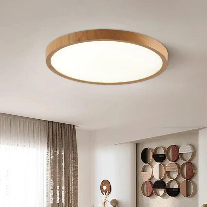 Contemporary walnut wood finish circular LED ceiling light for stylish living room or bedroom lighting.