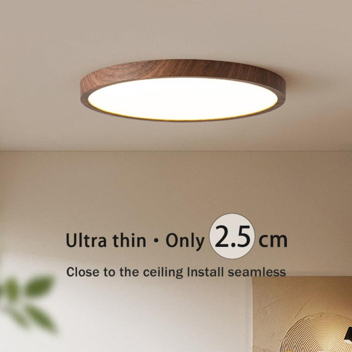 Modern home decor ultrathin circular LED ceiling light, energy-efficient with a chic wood finish.