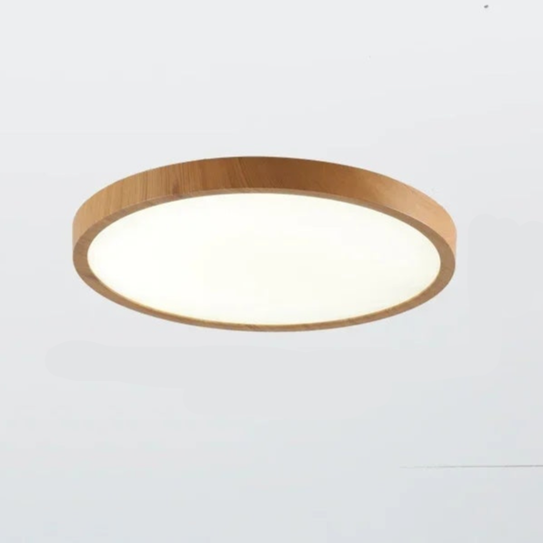 Sleek walnut finish wood circular LED ceiling light, perfect minimalist lighting for modern bedrooms.