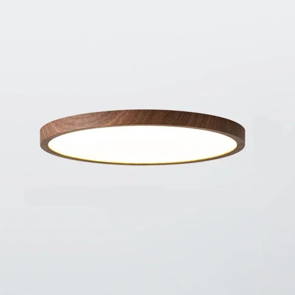 Ultrathin circular LED ceiling light for modern homes, features a warm wood finish, energy efficient.