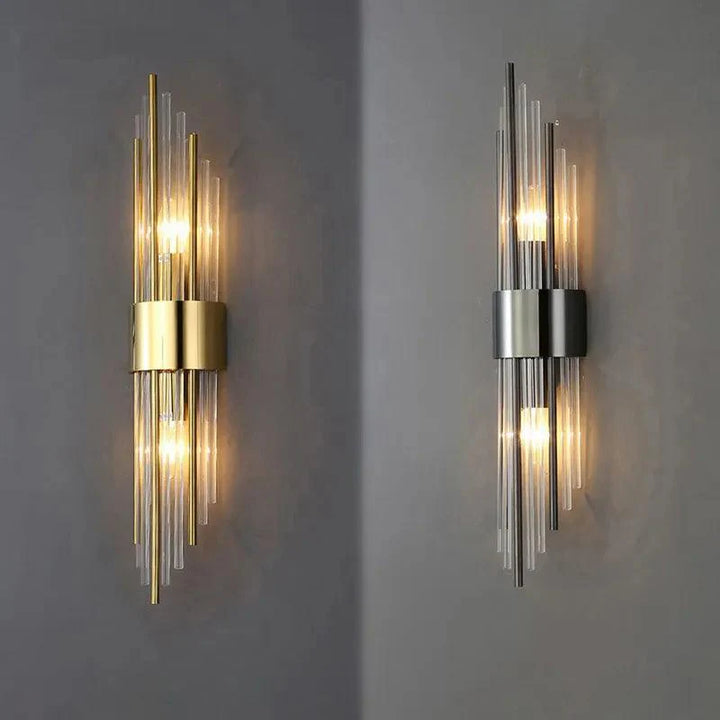 Modern Veloria crystal wall light, elegant LED sconce for contemporary interior design & home accent.